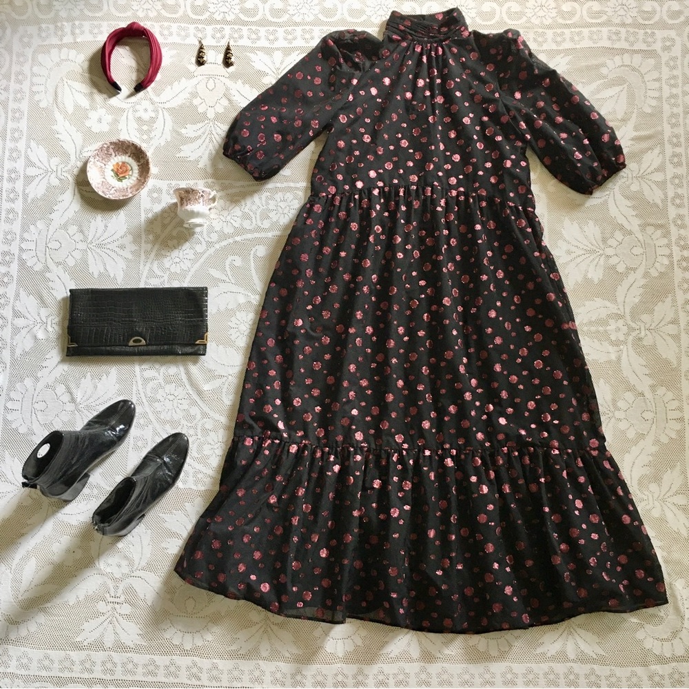Zara black and metallic magenta polka dot puff sleeve maxi dress size Medium
